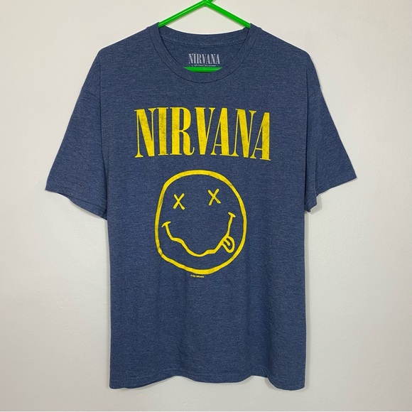 NIRVANA Other - Nirvana Yellow Smiley Face Logo Blue Band Tee T-Shirt Size XL Official